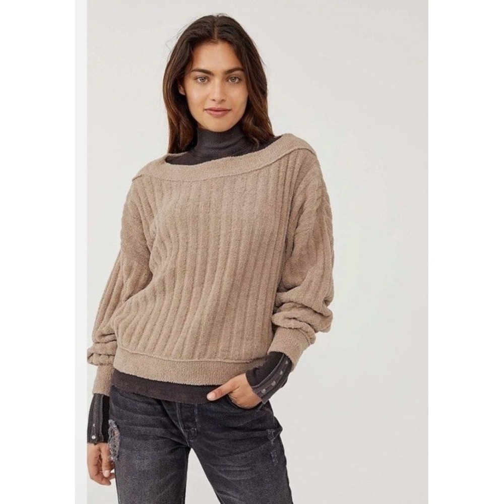 New Free People Women's S Cabin Fever Pullover Sweater Gray Boho Fleece Ribbed